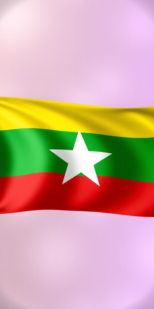 Create a high-resolution digital illustration of the Myanmar flag featuring bright colors with a smooth gradient transition between the yellow, green, red, and a prominent white star in the center, captured with a Canon EOS R5 at f/8, ISO 100, 50mm focal length, with a soft-focus background for a vibrant look.