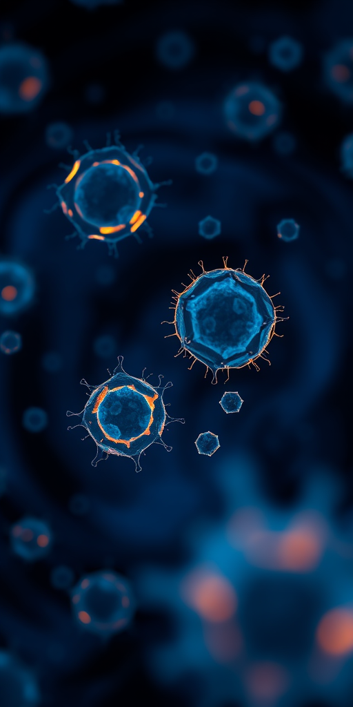 microscopic view of various cells in a swirling, dark blue background, with a focus on luminous, glowing outlines of cells, taken with a Canon EOS R5, 50mm lens, f/1.8, ISO 200, with a shallow depth of field for enhanced detail and clarity in a studio lighting environment