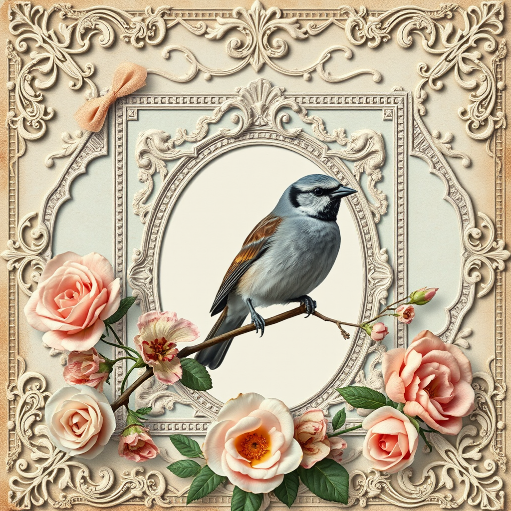 Create a vintage-style floral collage featuring a bird perched on a branch, surrounded by ornate lace frames and soft pastel colors, shot with a Canon EOS 5D Mark IV, f/2.8 aperture, 50mm lens, natural light, high-resolution.