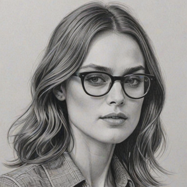 Splendid Keira Knightley, pencil sketch, portrait of Fascinating woman 1971s in glasses, hair style beatnik, outline, clear lines, fine lines, 8k