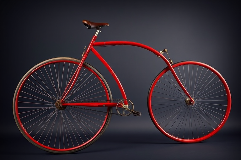 create a high-resolution image of a vintage penny-farthing bicycle with a striking red frame, focusing on the contrast between the large front wheel and smaller rear wheel, taken with a DSLR camera at f/8 aperture, 50mm lens, ISO 100, in a well-lit studio environment for enhanced clarity and detail
