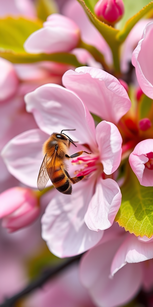 Sharp, high-resolution close-up of a bee hovering over a blooming cherry blossom, soft pink petals contrasting with the vibrant green leaves in the background.