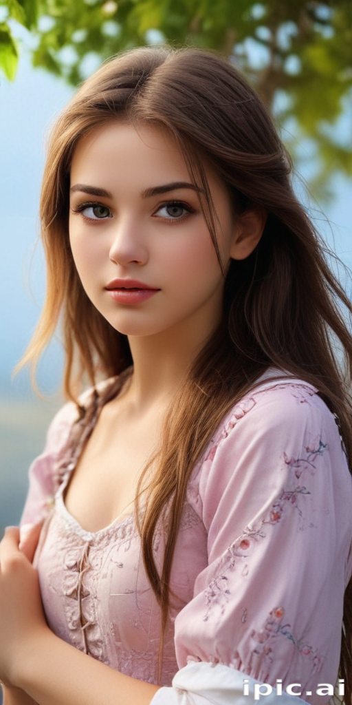A Young Woman with Long Hair Posing Calmly by a Serene Lake.