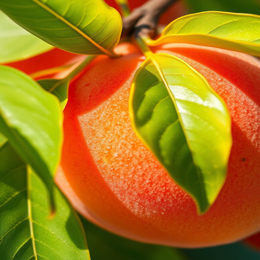 Create a vibrant illustration of a peach and green leaves, focus on the peach's texture and color, use macro lens settings, shallow depth of field, bright natural lighting, captured with a DSLR camera.