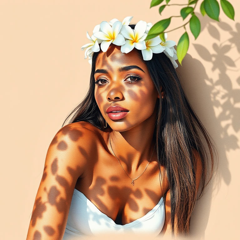 create a watercolor painting of an ethereal portrait of beautiful Aboriginal Australian woman with a simple white flower crown on her head. Her hair is long and she is lying on the ground. The sunlight on the trees casts shadows from the leaves on her face and body. The background is a neutral brown color that matches her skin tone. The image is minimalist and solid colors. This style is characterized by soft, delicate brushstrokes and a light, airy, contrasting color palette. High level of detail and play of light
