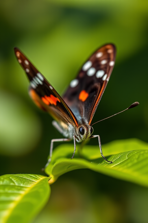 Close-up of a butterfly resting on a green leaf, shallow depth of field, natural daylight, macro lens, aperture f/2.8, shutter speed 1/200s, ISO 100, captured with a DSLR camera.