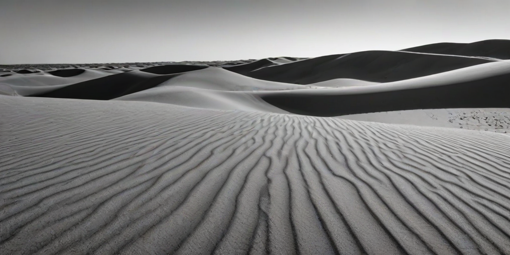 black and white photograph of undulating sand dunes with intricate patterns and shadows, showcasing the texture and depth of the landscape