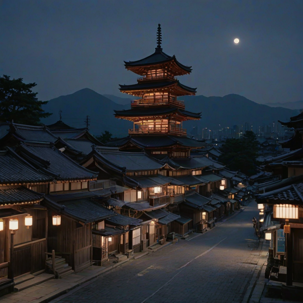 cinematic scene of Akira Kurosawa's movie in uncivilized Japanese townscape in the Edo period, aesthetic landscapes, a small pagoda, cinematic night scene, (photo-realistic:1.2), clear sky, (low-angle shot), dynamic composition, high image quality by digital remastering, vivid colors, highly detailed
