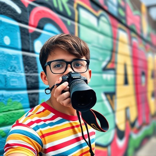 Capture a vibrant urban mural featuring a young individual with glasses, wearing a colorful striped shirt, digital camera, f/5.6 aperture, ISO 200, 24mm lens, taken from a slightly angled view to enhance depth and texture in bright daylight.