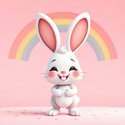 Create a cute cartoon bunny character with a big smile, standing under a vibrant rainbow on a soft pink background with small hearts, using a digital art style, 4K resolution, 50mm lens, f/2.8 aperture, and soft lighting.