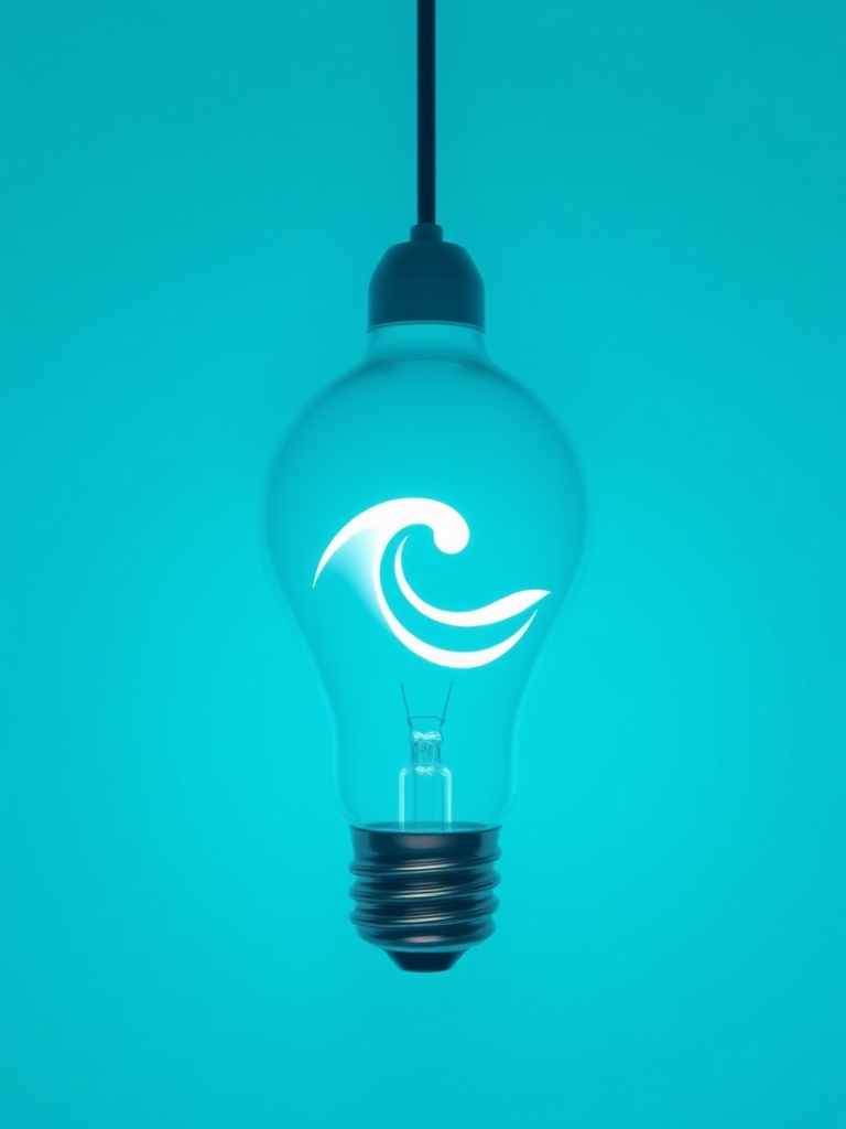 Create a minimalist logo of a light bulb with a wave design inside, using a turquoise color scheme, shot with a Canon EOS 5D Mark IV at f/8 aperture, ISO 100, 50mm lens, top-down view, high contrast style for clarity and sharpness.