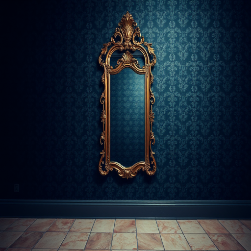 interior room with a vintage ornate mirror on dark textured wallpaper and a tiled floor, use a DSLR camera with a 24mm lens, aperture f/8, ISO 100, 1/50 sec exposure, taken from a wide-angle view to enhance depth and detail
