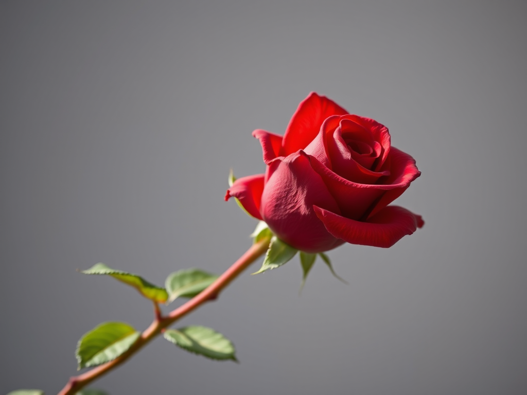 A single vibrant red rose on a long stem with lush green leaves, shot in a high-key lighting style, using a macro lens at f/2.8, ISO 100, shutter speed 1/200s, from a low angle view, captured with a DSLR camera.