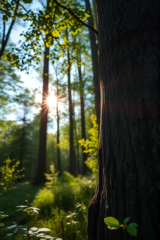 create a high-resolution image of a peaceful forest scene with soft sunlight filtering through the leaves, detailed textures on tree bark, vibrant green foliage, a clear blue sky, shot with a Canon EOS R5, 24mm lens, aperture f/2.8, ISO 200, and a shallow depth of field to enhance the focus on the foreground.
