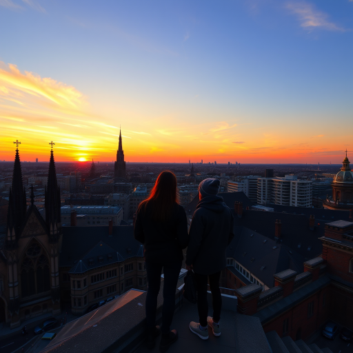 Generate a high-resolution image of a sunset over a city skyline with gothic architecture, featuring two figures overlooking the city from a rooftop, using a DSLR camera with a 24mm lens, f/8 aperture, ISO 200, and a warm color palette.