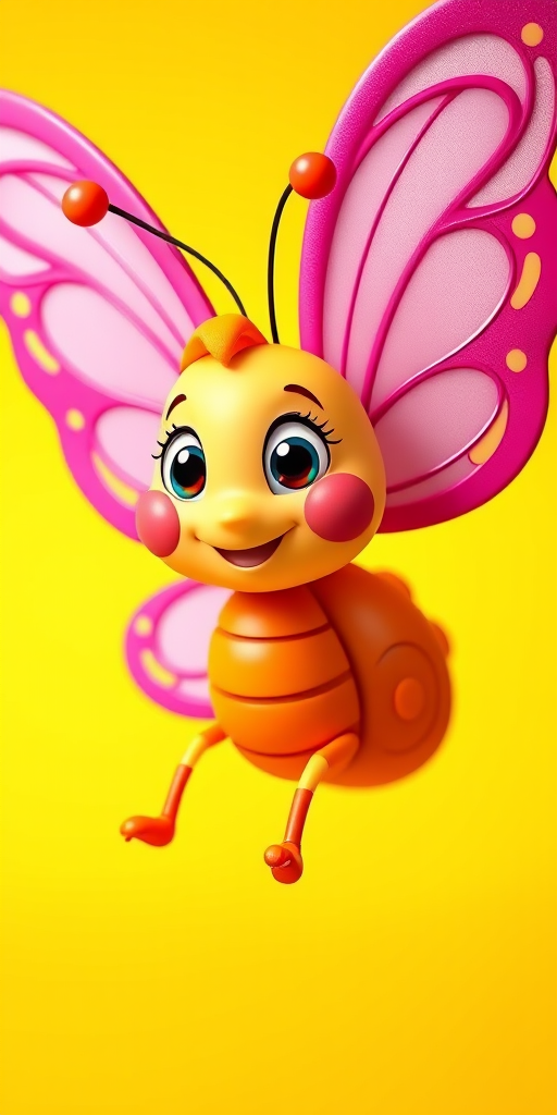 Create a colorful cartoon butterfly character with large pink wings, a cheerful expression, and an orange body, captured in high resolution with a Canon EOS R5, 50mm f/1.8 lens, aperture set to f/2.8, ISO 100, soft lighting, and a bright, vibrant background.
