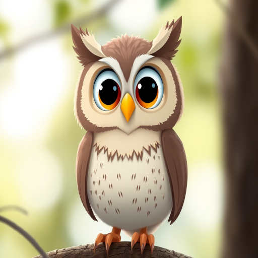 Create a high-resolution cartoon image of a cute owl with large eyes and a round body, using a DSLR camera shot at f/2.8 aperture, ISO 100, 50mm lens, natural lighting, and a soft focus background to emphasize the subject.