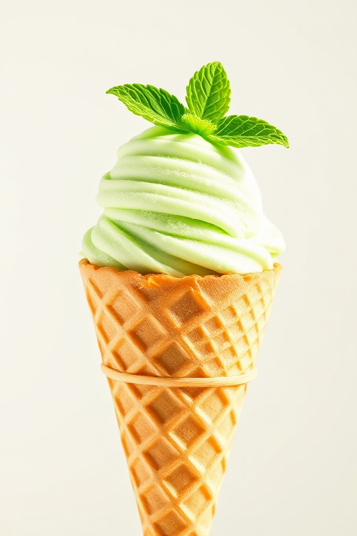 Create a bright, high-resolution illustration of a single green mint ice cream scoop on a waffle cone, using a DSLR camera with a 50mm lens, aperture f/2.8 for shallow depth of field, ISO 100, and natural lighting to enhance colors and textures.