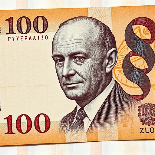 Create a high-resolution reproduction of a vintage Polish 100 zloty banknote featuring the image of a prominent figure, ensuring detailed textures and colors; use a macro lens with an aperture of f/2.8 for shallow depth of field, a shutter speed of 1/125 sec, and set the ISO at 100 for optimal clarity, capturing the image from a flat lay angle with natural lighting for even illumination.