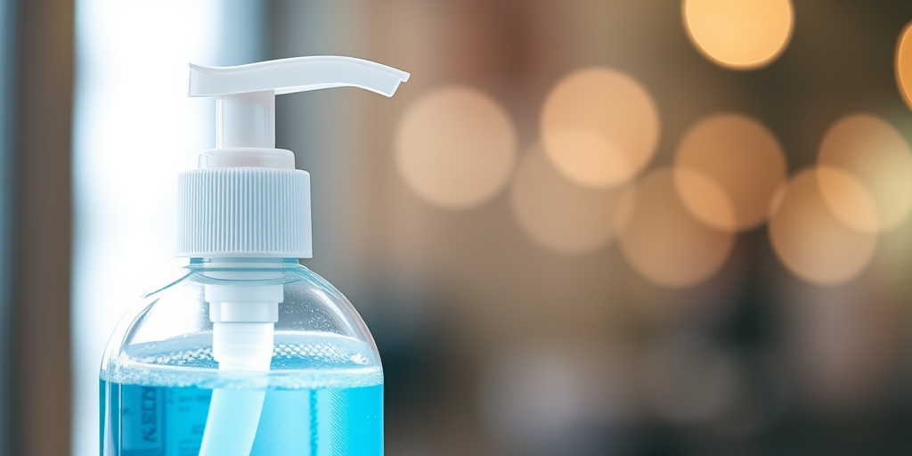 high-quality illustration of a sanitizer bottle with a pump dispenser, close-up view, studio lighting, 50mm lens, f/2.8 aperture, ISO 100, soft focus background, vector graphic style