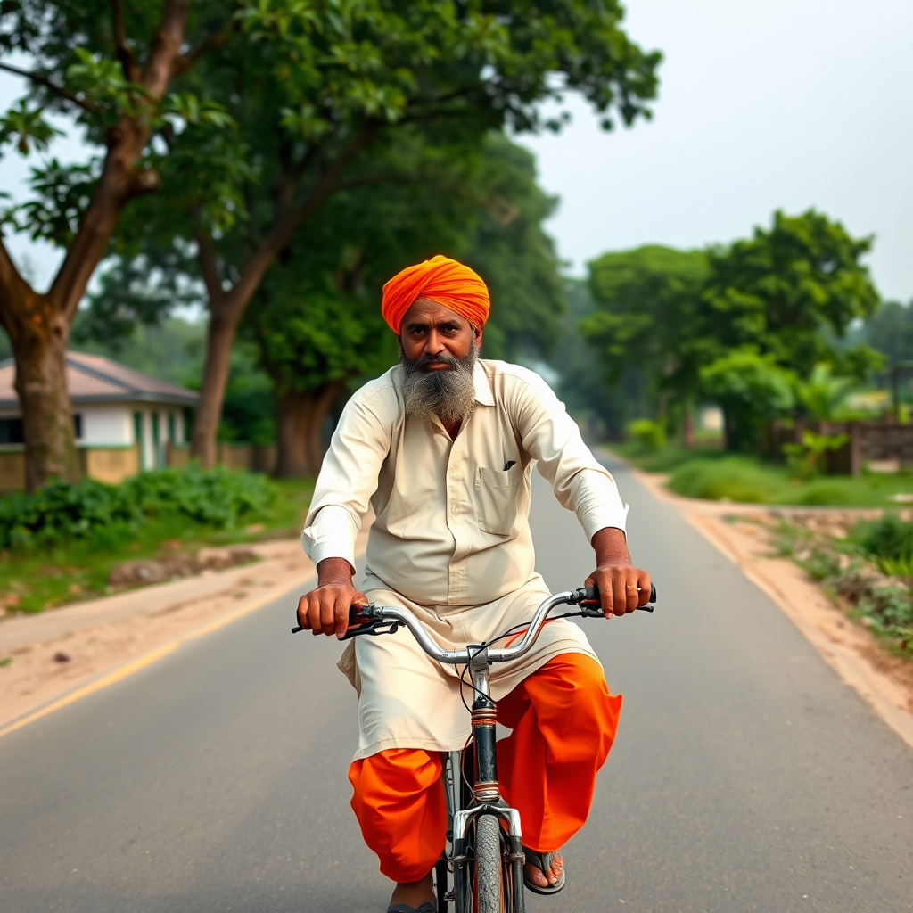 a man wearing an orange turban and orange dhoti riding a bicycle down a rural road with trees and houses in the background