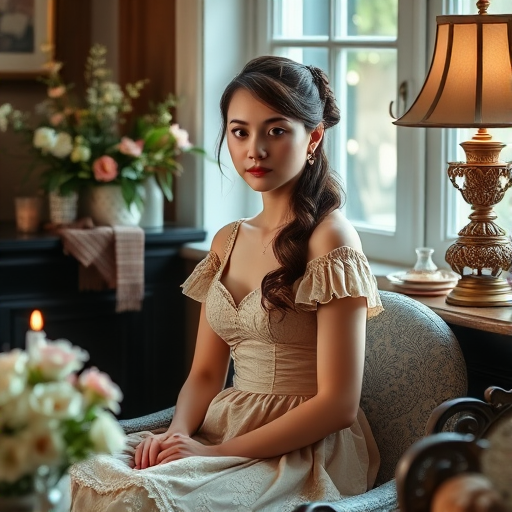 A young woman in a vintage dress seated among elegant decor with flowers, candles, and a lamp, natural window light, ISO 100, f/2.8, 50mm lens, soft focus, shallow depth of field, portrait photography.