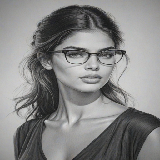 Graceful Sara Sampaio, pencil sketch, portrait of Enchanting woman 1974s in glasses, hair style beatnik, outline, clear lines, fine lines, 8k