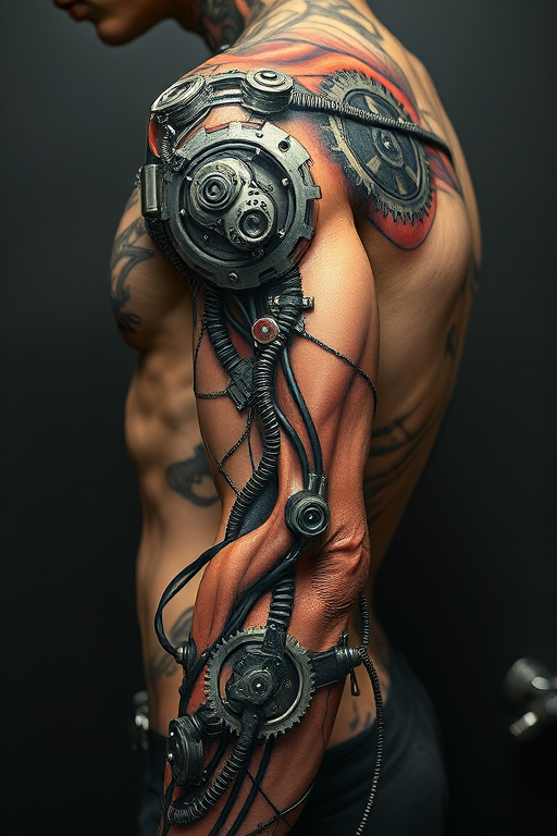 Surrealist biomechanical tattoo entitled "Cybernetic Metamorphosis" depicting a fusion of organic and mechanical elements with hyper-realistic rendering of exposed muscle tissue intertwining with gears wires and metallic components creating the illusion of a cyborg transformation in progress incorporating reflective highlights and shadow details to enhance the three-dimensional effect
