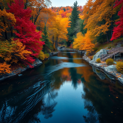 Create a vibrant autumn landscape featuring a serene river surrounded by colorful trees, with reflections on the water, captured with a Canon EOS R5 at f/8, 1/125 sec, ISO 100, using a wide-angle lens, in a soft focus style for enhanced depth and clarity.