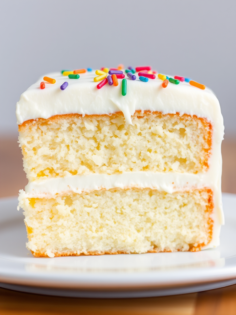 A slice of vanilla cake with white frosting and colorful sprinkles on top, showcasing the soft texture and layered interior of the cake.