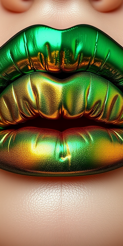Duochrome lips shifting from emerald to gold, smooth and seamless color transition, mesmerizing and unique effect, captivating Mermaid Scale Morph aesthetic