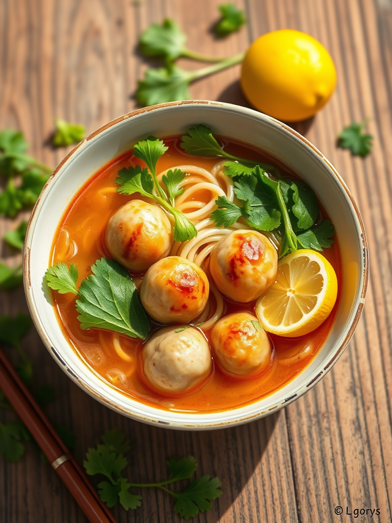 Create a vibrant illustration of a bowl of noodle soup with meatballs, fresh greens, and a slice of lemon, using a DSLR camera with a 50mm lens, f/1.8 aperture, ISO 100, capturing a top-down view with natural lighting for enhanced color and detail.
