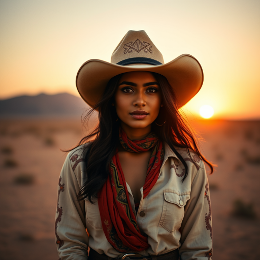 Dramatic photo of a beautiful Bangladeshi woman, classic cowboy attire, confident and free spirit expression, half-length portrait, centered, golden hour desert landscape, warm, diffused light, low angle, medium format film camera, in style of Annie Leibovitz.
