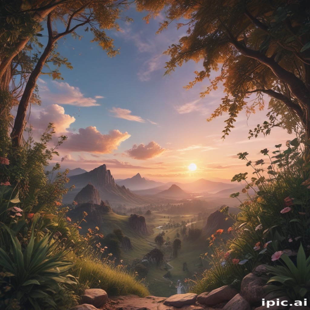 Serene Sunset Over Lush Mountains and Vibrant Wildflower Valley Landscape