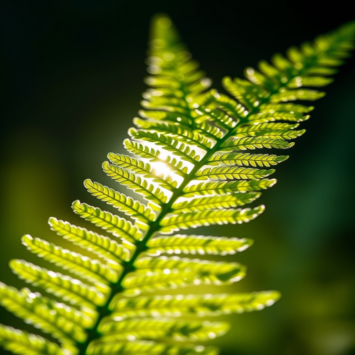 macro photography of a backlit fern leaf with sharp focus, f/2.8 aperture, shutter speed 1/400s, ISO 100, 85mm lens, natural light, DSLR camera, shallow depth of field