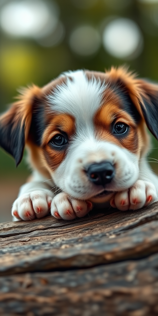 A close-up shot of a playful puppy resting its paws on a log, with a soft blurred background, natural lighting, aperture f/2.8, ISO 200, shutter speed 1/500 sec, taken with a DSLR camera in portrait style.