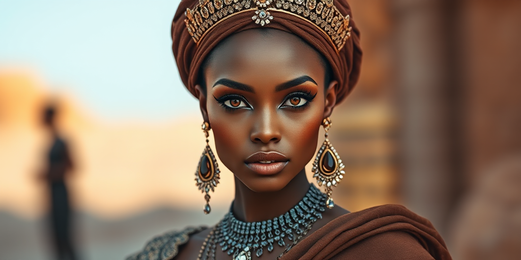 A gorgeous Tuareg woman in a luxurious brown gown, accessorized with a dazzling tiara and statement earrings, her deep orange eyes highlighted by impeccable makeup, poised in a royal setting, photorealistic, 8K quality