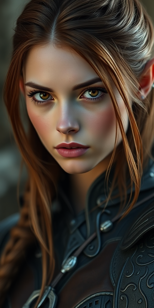 A highly detailed portrait of a female elf with long brown hair and striking amber eyes, wearing intricate dark armor with silver accents, soft lighting, 85mm lens, aperture f/1.4, ISO 100, Canon EOS R5, shallow depth of field, cinematic style.