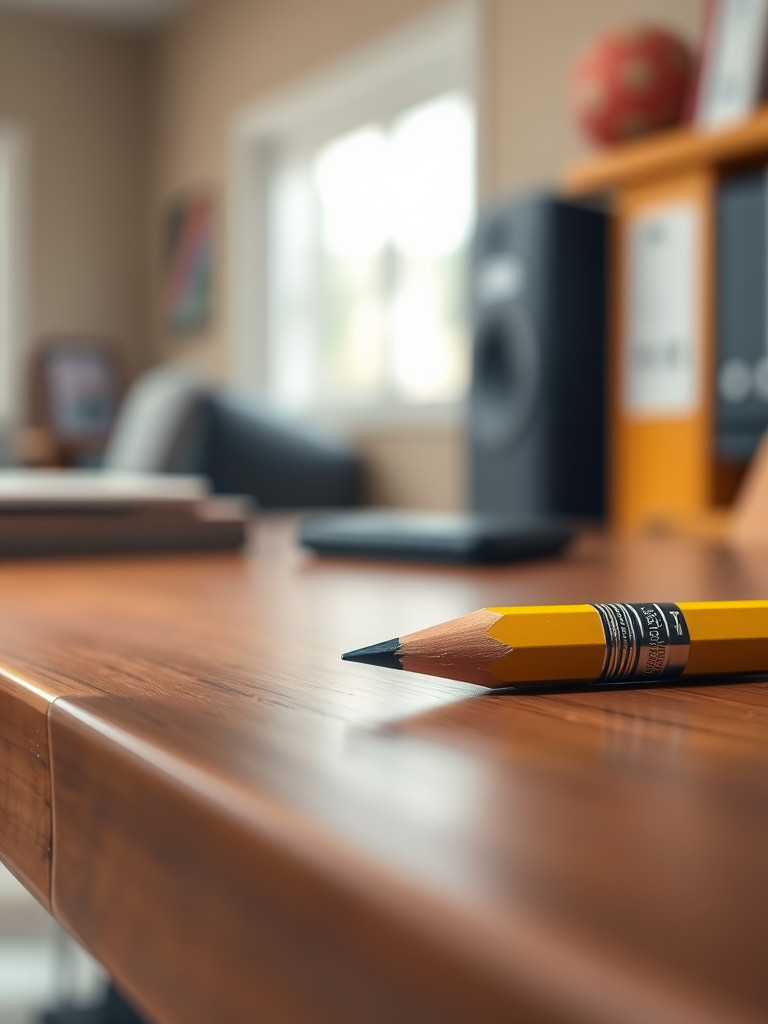 Create a hyper-realistic 3D rendering of a yellow pencil on a wooden desk with a shallow depth of field, f-stop at 2.8, ISO 100, and a focal length of 50mm, using soft diffused lighting to enhance texture and details.