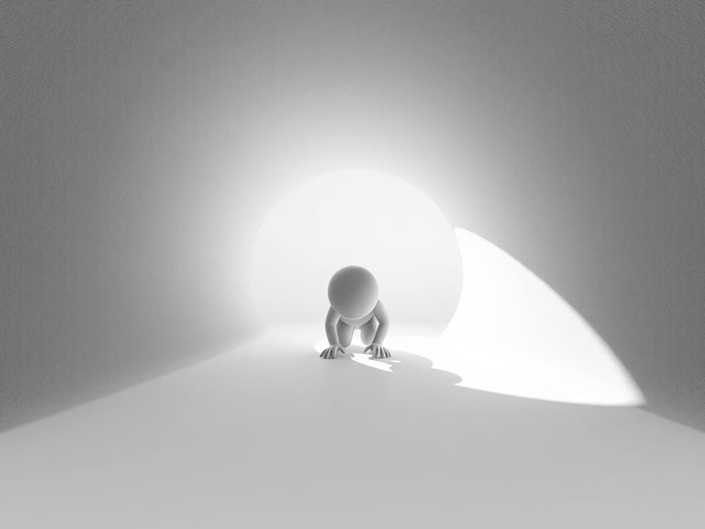 A minimalist 3D rendering of a white figure crawling into a large gray cylindrical tunnel, soft shadows, high contrast lighting, f/8 aperture, 1/125 sec shutter speed, ISO 200, wide-angle lens, front view, studio lighting setup.