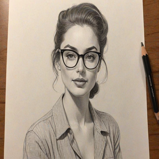 Exquisite Caitlin McHugh, pencil sketch, portrait of Magnificent woman 1947s in glasses, hair style beatnik, outline, clear lines, fine lines, 8k