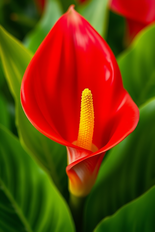 a vibrant red calla lily with a yellow spadix surrounded by lush green leaves captured in soft focus, using a Canon EOS 5D Mark IV with a 50mm f/1.8 lens at f/2.8, ISO 100, 1/200s, natural light, shallow depth of field