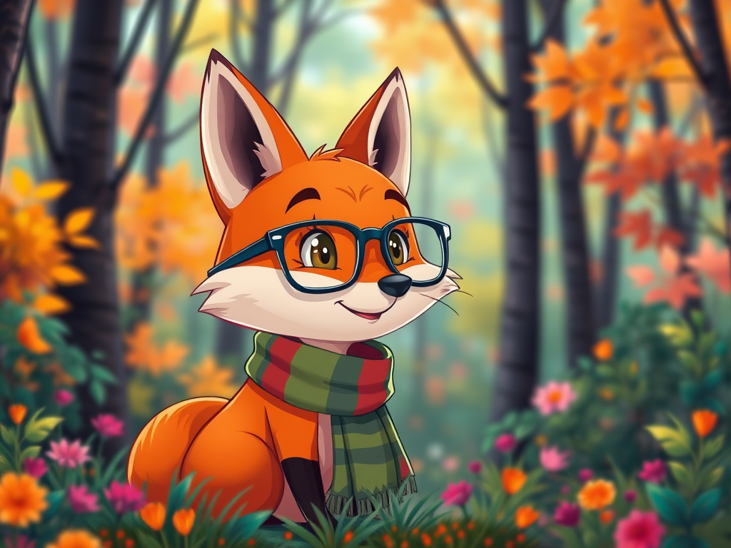 Generate a vibrant illustration of a whimsical scene featuring a cartoon fox wearing glasses and a scarf, set against a colorful forest background, captured with a Canon EOS R5, 50mm f/1.2 lens, in HDR style, with a shallow depth of field to enhance detail and colors.