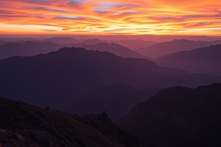 Create a high-resolution image of a serene mountain landscape during sunset, using a Canon EOS R5 with a 24-70mm f/2.8 lens, aperture set to f/8, ISO 100, shutter speed 1/125 sec, with a wide-angle view to capture the expansive scenery and vibrant colors of the sky.