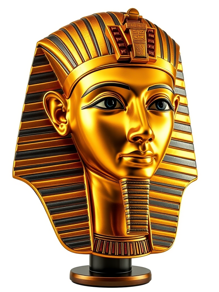 Create a highly detailed illustration of an ancient Egyptian pharaoh's bust, featuring golden tones and intricate headdress, captured with a Canon EOS R5 at f/1.8, ISO 100, 1/60s, in a studio setting with a softbox for even lighting.