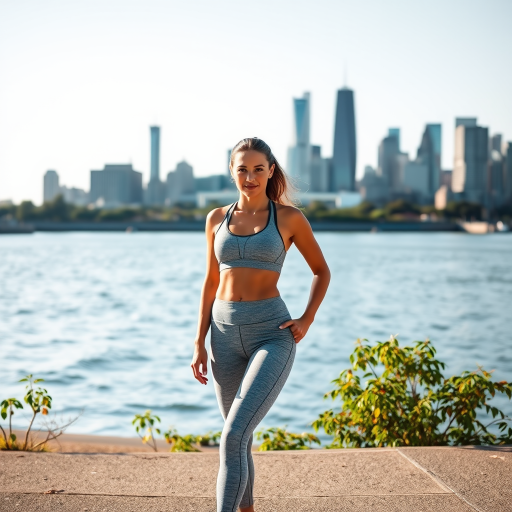 A fit woman in a light gray athletic outfit standing by a riverbank with a skyline in the background during the day, captured with a Canon EOS R5, 50mm lens, f/1.8 aperture, ISO 100, and a bright natural light setting at a 1/250 second shutter speed for enhanced clarity and sharpness.