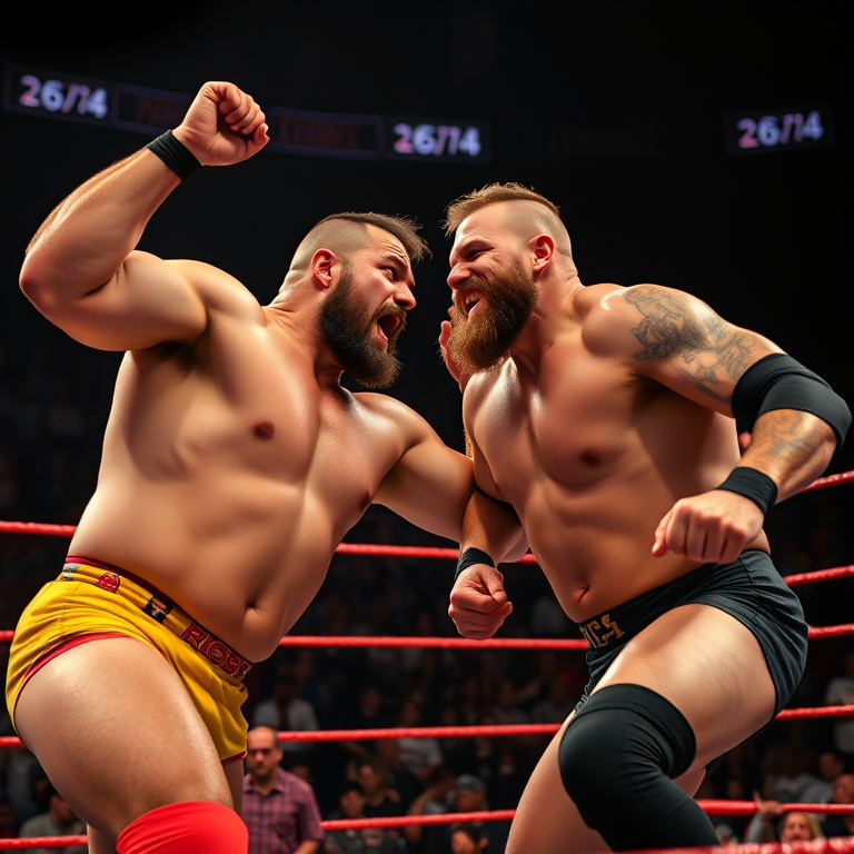 Create a dynamic scene of a wrestling match with two wrestlers in action, capture the intensity and motion in the ring, use a Canon EOS R5 with an 85mm f/1.2 lens, aperture priority mode at f/2.8, ISO 400, shutter speed 1/500s, shot from a low angle to emphasize the wrestlers' movements, focus on the details of their expressions and the crowd in the background.