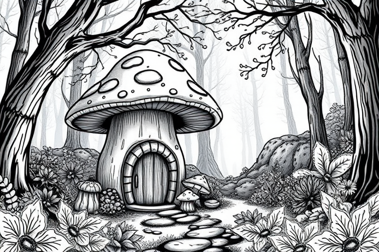mushroom house in a whimsical forest setting, detailed line art with high contrast, 35mm lens, f/8 aperture, ISO 200, natural light, wide-angle view, DSLR camera, enhanced textures and shadows