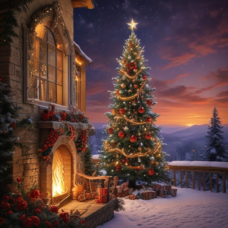 Cozy Winter Evening by the Fireplace with a Beautiful Christmas Tree