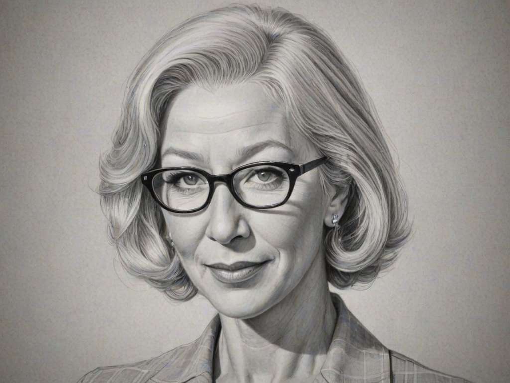 Graceful Helen Mirren, pencil sketch, portrait of Superb woman 1951s in glasses, hair style beatnik, outline, clear lines, fine lines, 8k